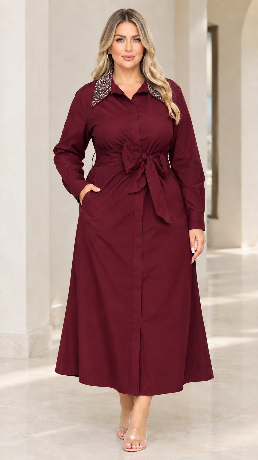 Front view of woman wearing burgundy wine red rhinestone collar maxi dress
