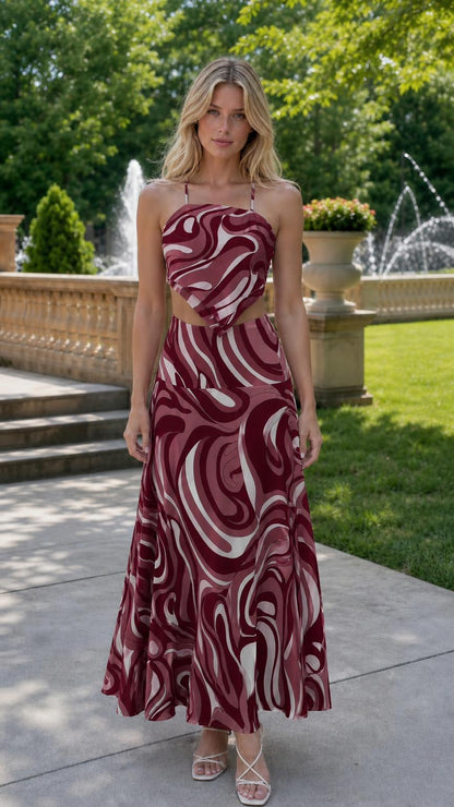 Front view of burgundy color variant two-piece maxi set