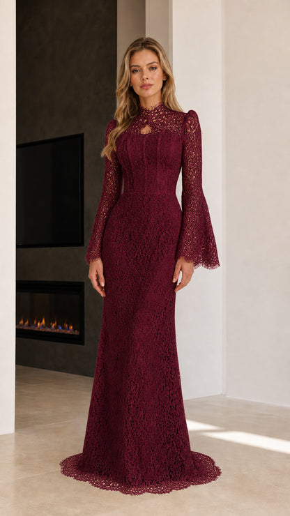 Burgundy wine red floral lace maxi gown with bell sleeves