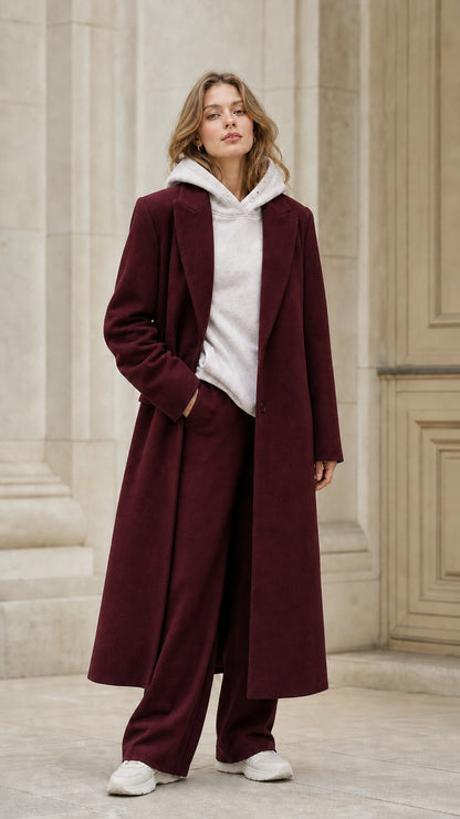 Front view of model wearing burgundy longline tailored wool look coat