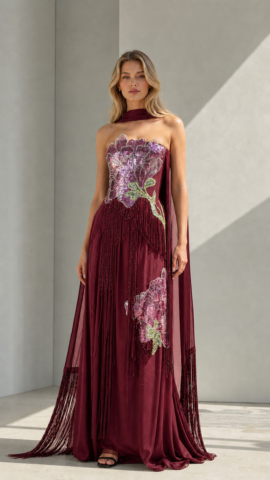 Front view of burgundy evening gown
