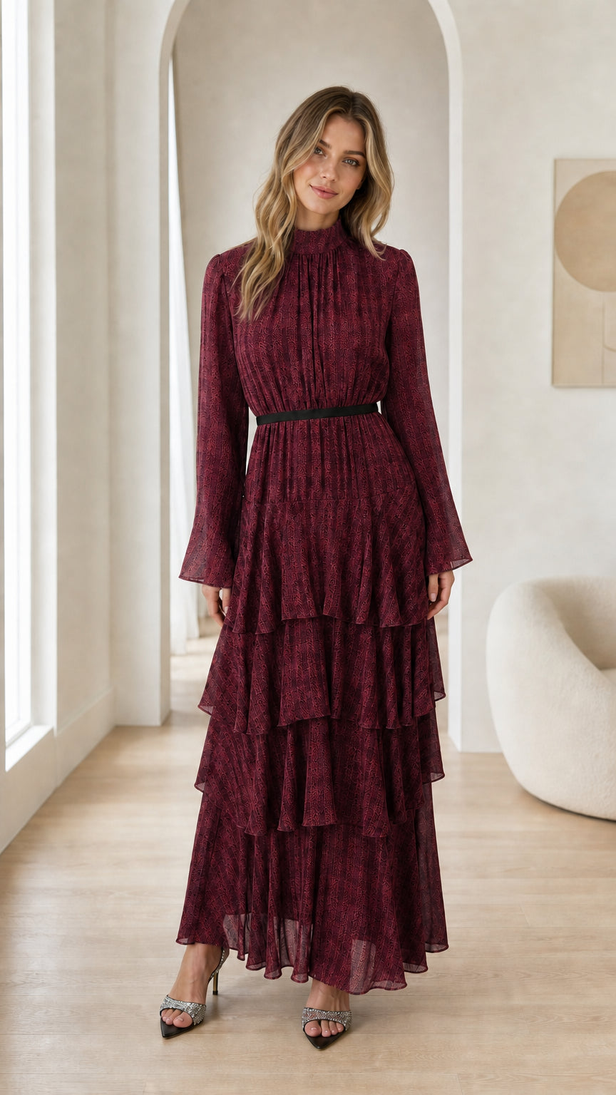 Burgundy wine mock neck tiered ruffle formal maxi dress on model