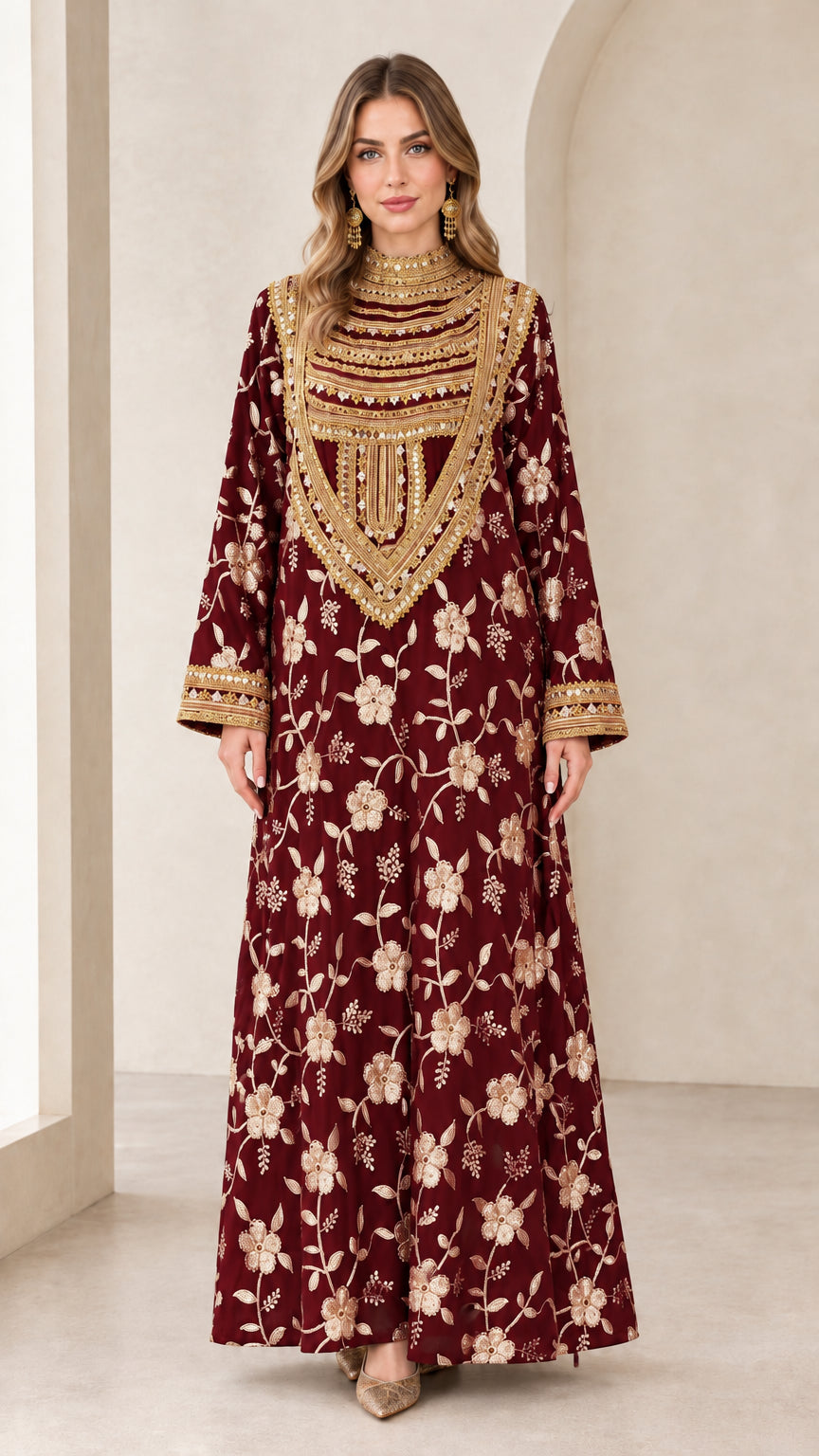 Front full view of burgundy wine embroidered maxi gown with gold detailing