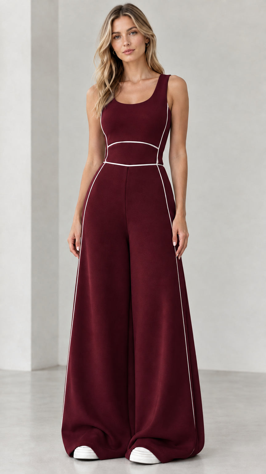 Burgundy sleeveless wide-leg jumpsuit with white piping detail