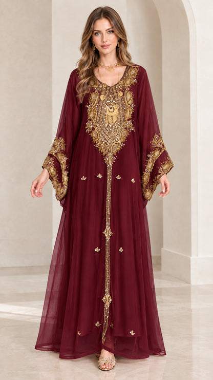 Front view of burgundy red gold embellished formal kaftan evening dress
