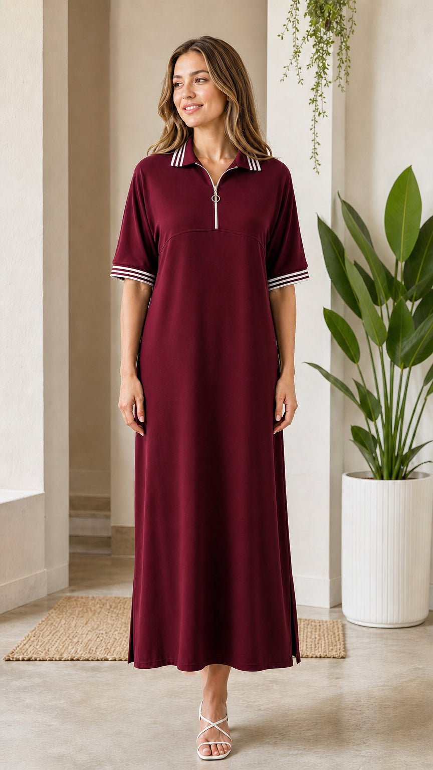 Women's burgundy red half-zip polo maxi dress with contrast stripes