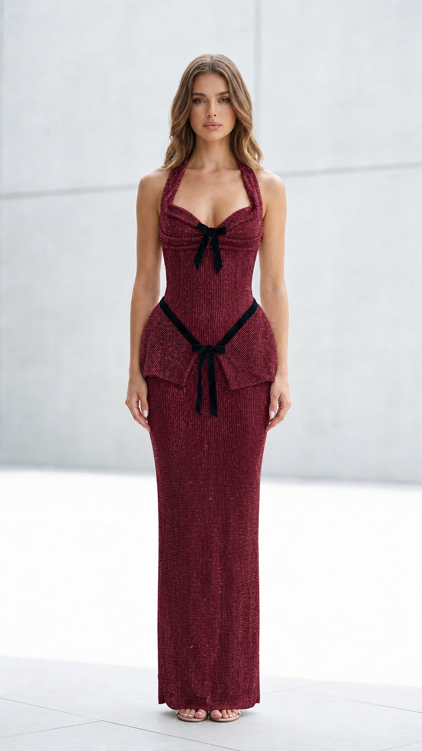 Front view of burgundy glitter halter maxi dress
