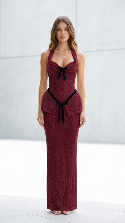 Front view of burgundy glitter halter maxi dress