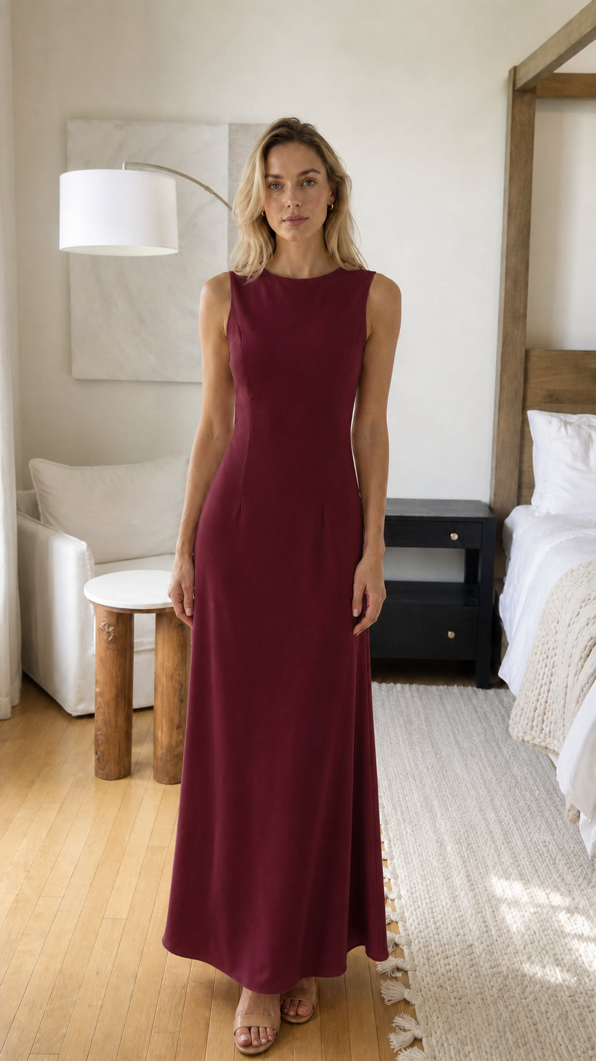 Woman wearing burgundy sleeveless maxi dress