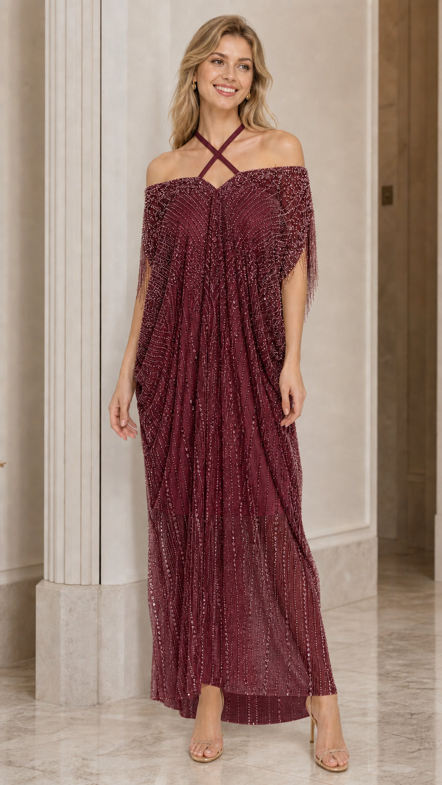 Burgundy wine shimmer embellished cold-shoulder maxi gown