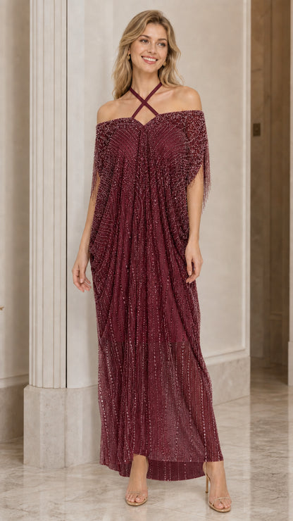Burgundy wine shimmer embellished cold-shoulder maxi gown