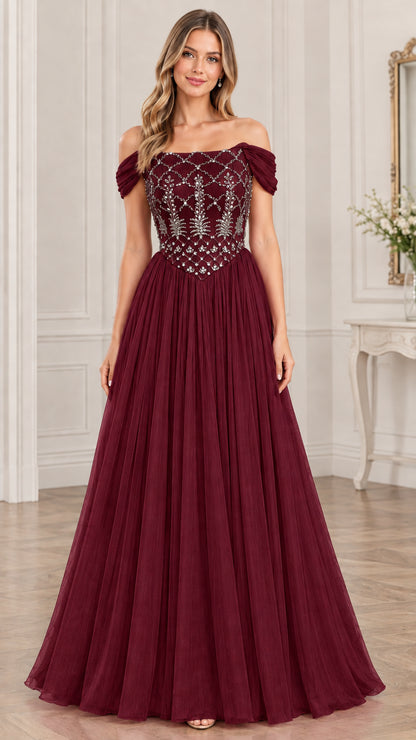 Model wearing burgundy red off-the-shoulder beaded formal gown