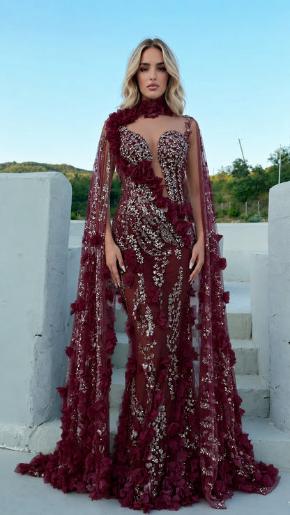 Burgundy wine red 3D floral embellished formal cape dress