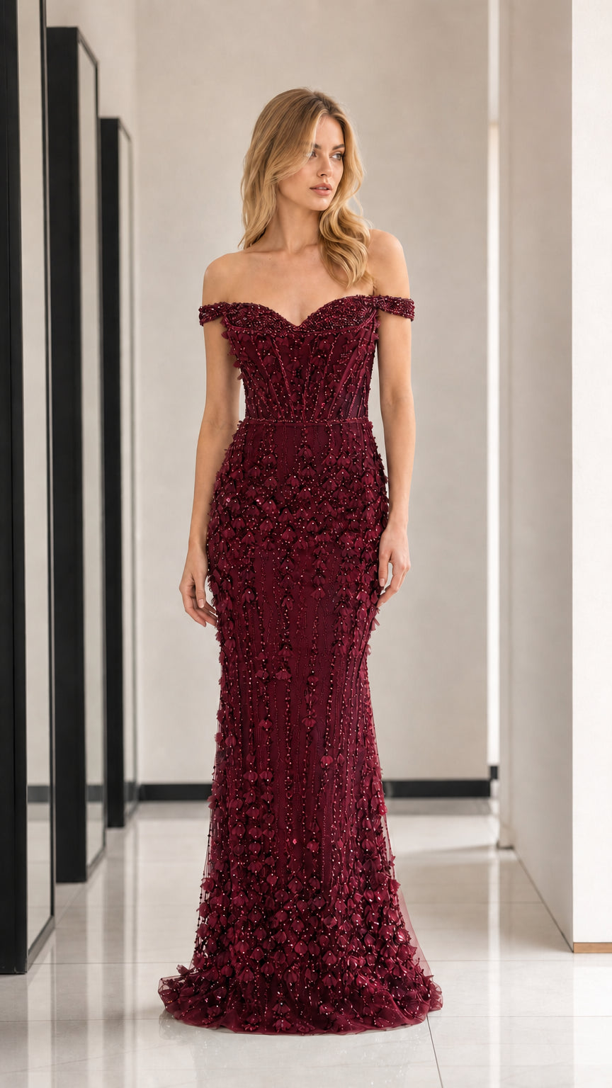 Burgundy off-shoulder beaded evening gown
