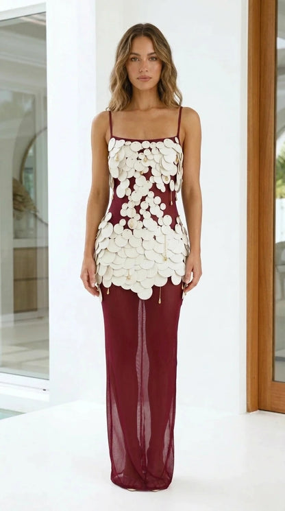 Front view of burgundy embellished sheer mesh maxi dress
