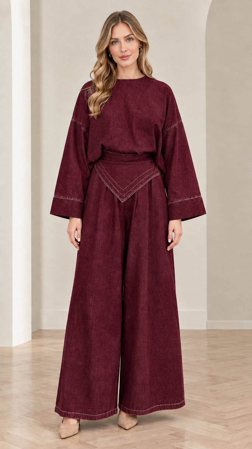 Women's burgundy wine-colored two-piece wide-leg matching set front view