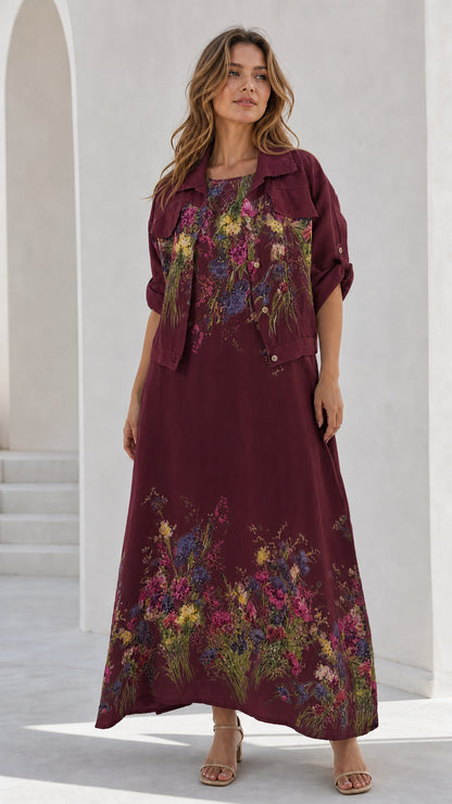Women's burgundy wine floral maxi dress and cropped jacket set