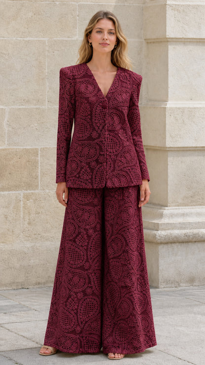 Front view of burgundy textured blazer and wide-leg pants set