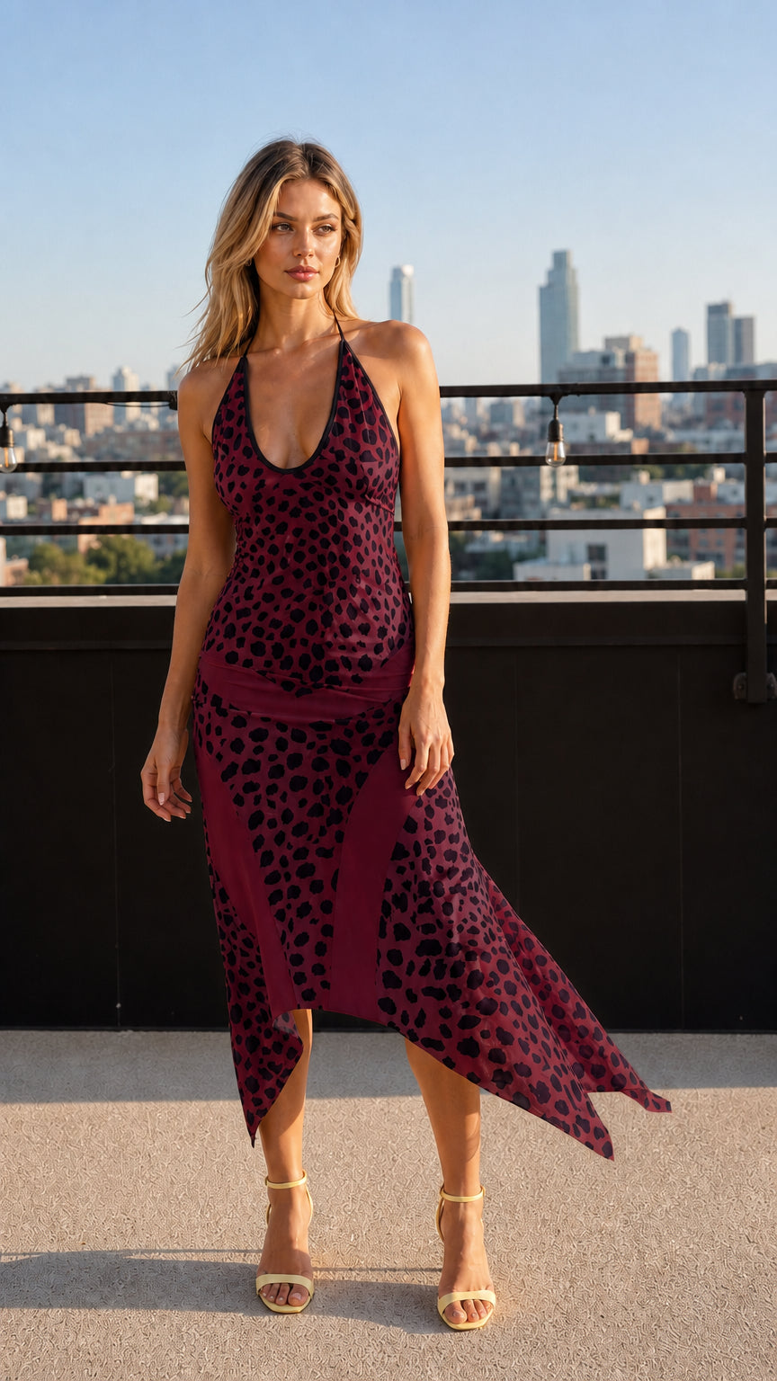 Front view of model wearing burgundy leopard print halter midi dress
