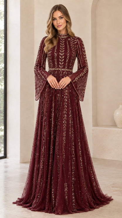 Front view of burgundy wine sequined floor-length gown with bell sleeves