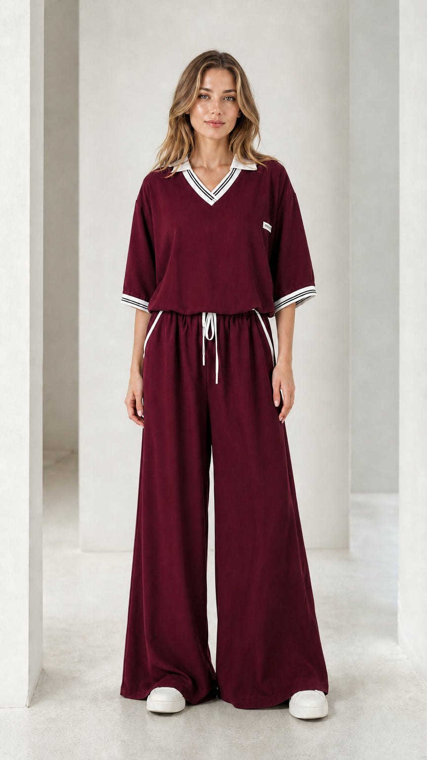 Front view of a burgundy women's wide-leg jumpsuit with contrast striped trim