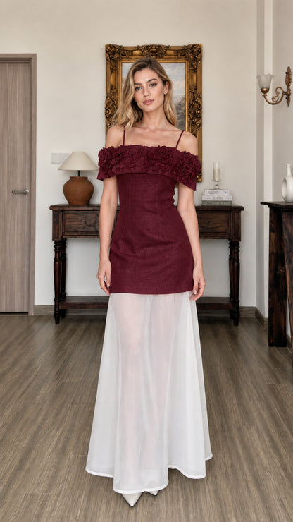 Front view of model wearing burgundy 3D floral off-shoulder maxi dress