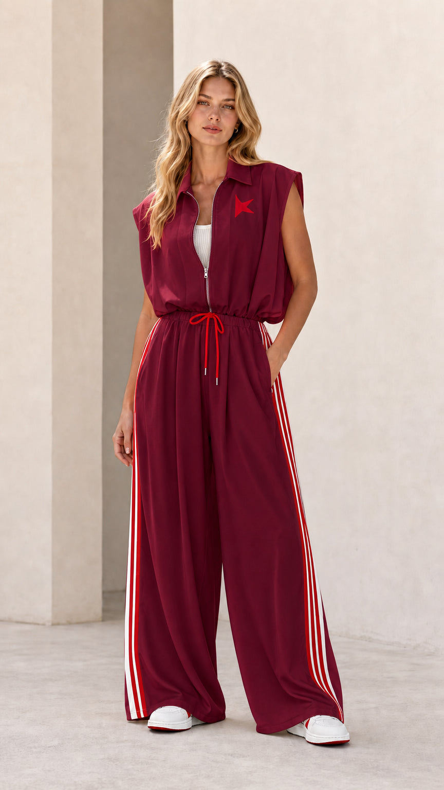 Front view of model wearing burgundy sleeveless wide-leg track jumpsuit with red stripes