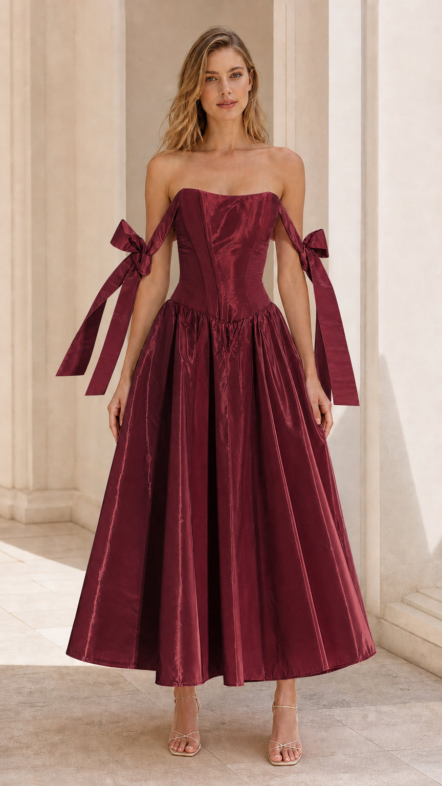 Model wearing Burgundy wine red off-shoulder corset midi dress front view