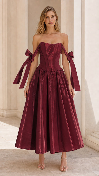 Model wearing Burgundy wine red off-shoulder corset midi dress front view
