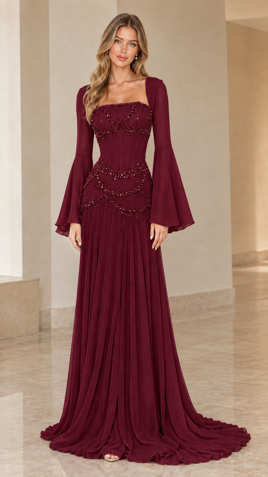 Burgundy formal evening gown with beaded corset and flare sleeves