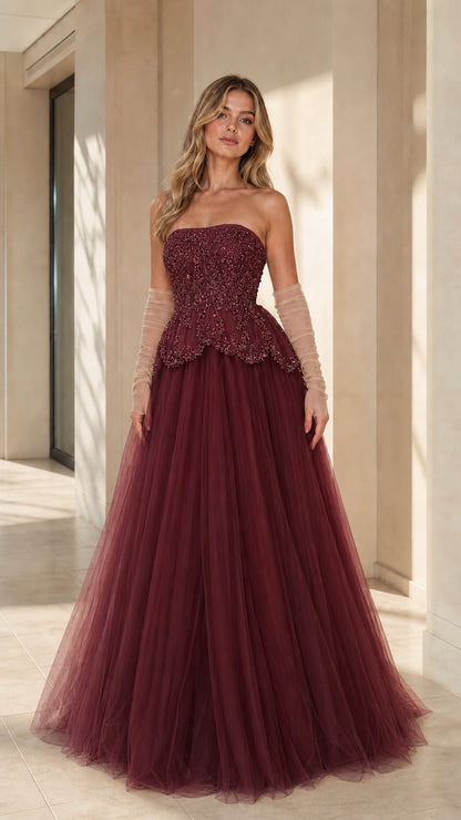Full-length front view of the strapless beaded tulle ballgown in burgundy