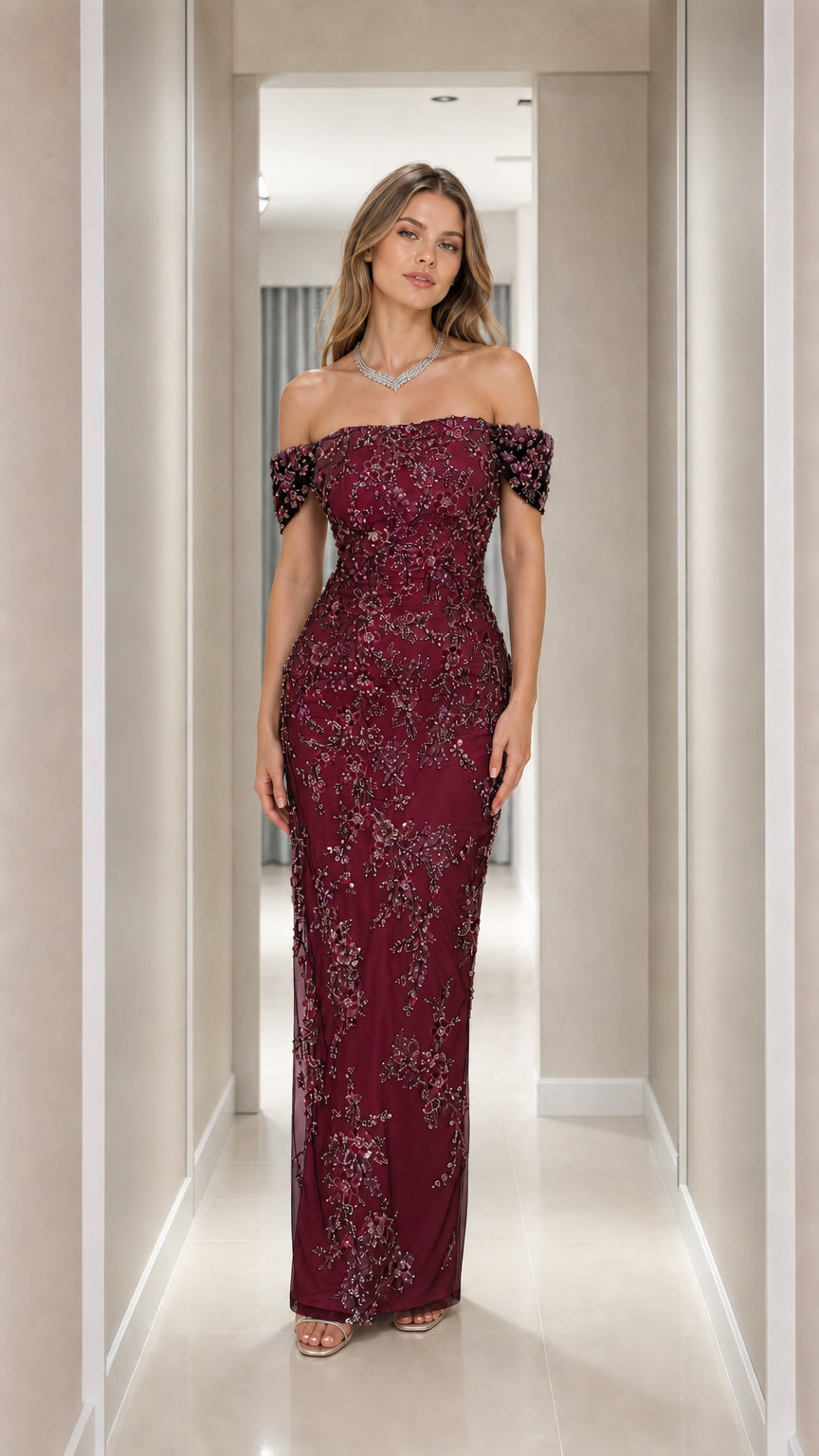Burgundy wine off-the-shoulder floral sequin beaded maxi gown