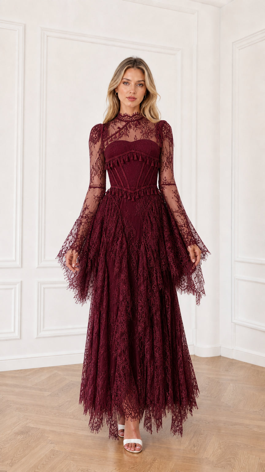 Burgundy wine red long sleeve lace corset formal maxi dress