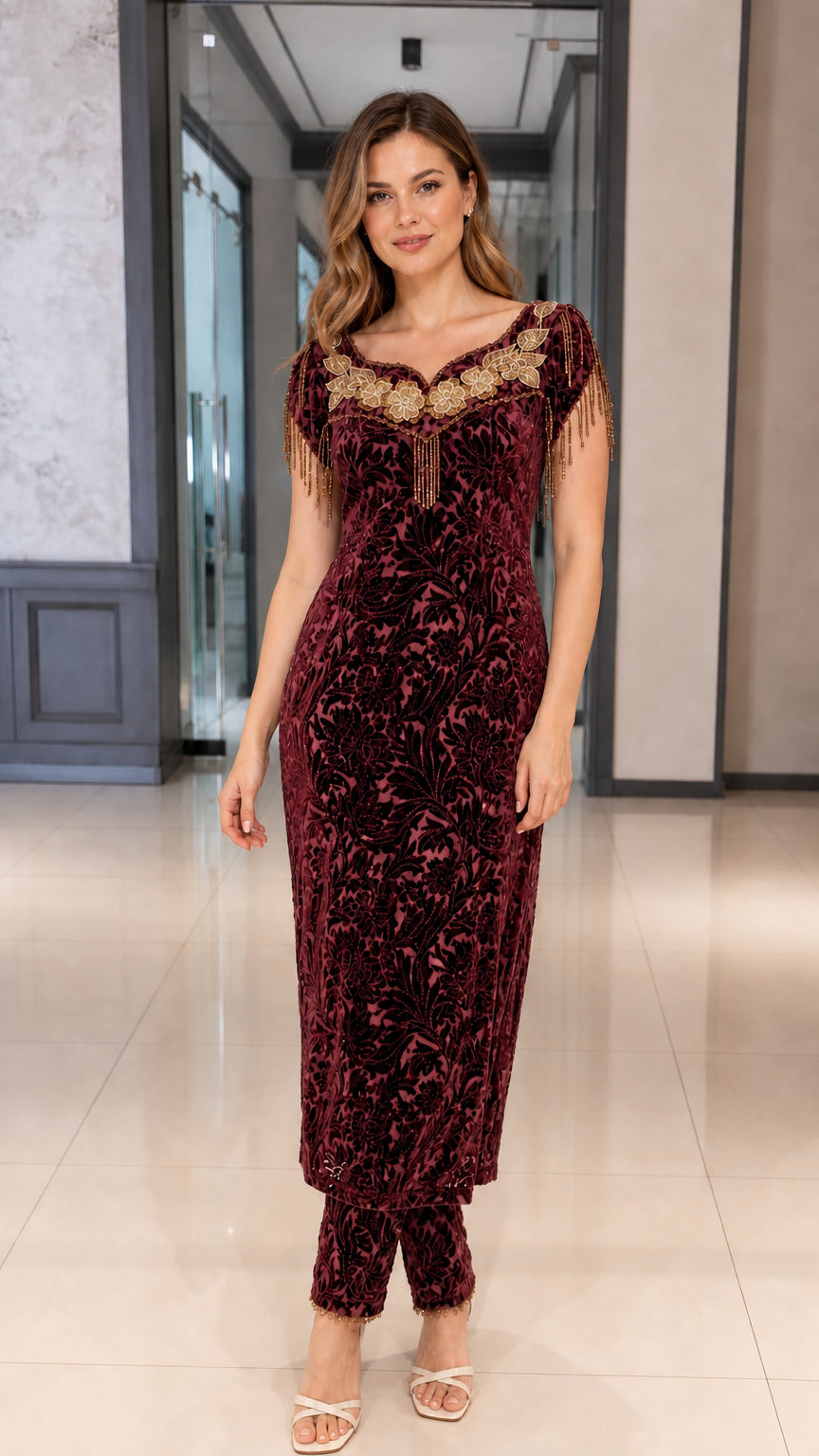 Model wearing Burgundy red embellished velvet tunic and trousers set