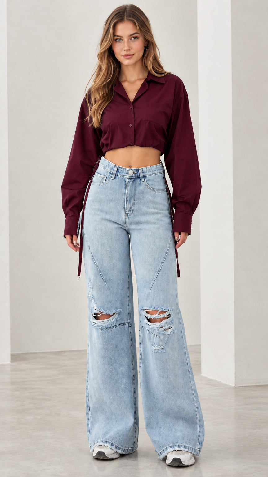 Front view of woman wearing burgundy wine cropped button up shirt