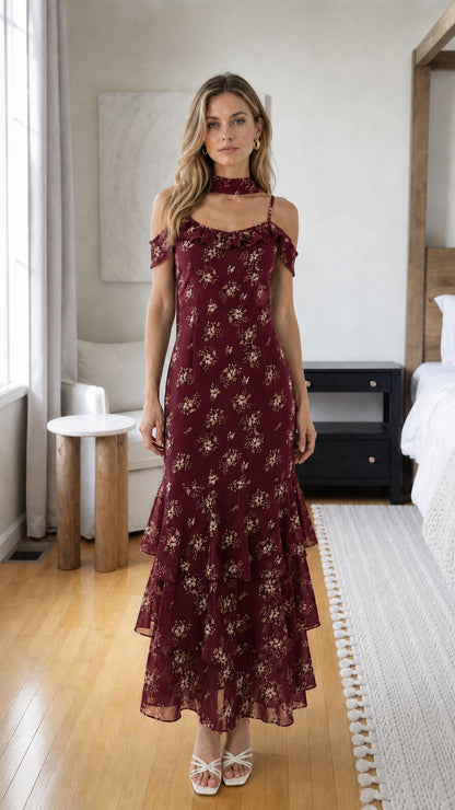Model wearing burgundy floral print choker neck tiered ruffle midi dress