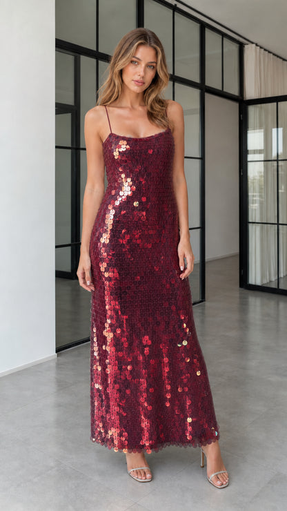 Model wearing burgundy sequin maxi dress