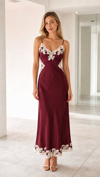 Burgundy satin lace trim slip maxi dress