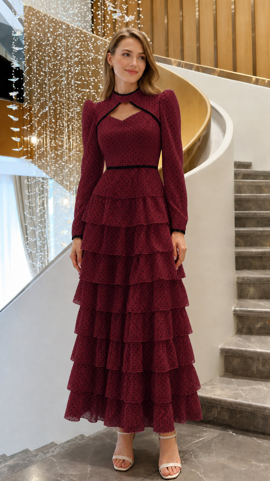 Burgundy wine red polka dot tiered long sleeve maxi dress with black lace trim