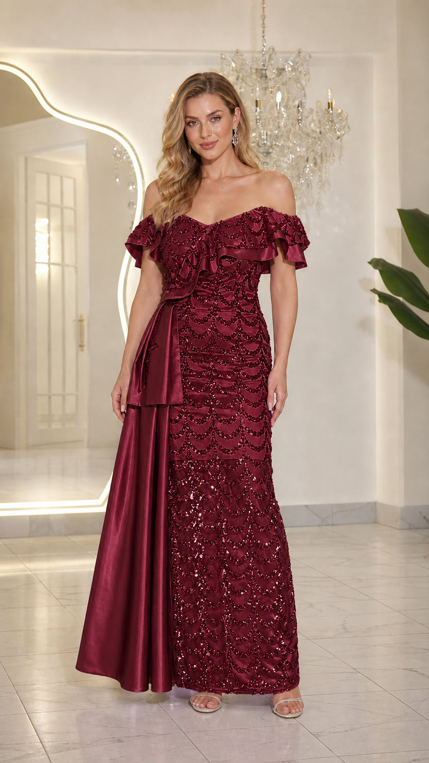 Front view of burgundy sequin evening gown