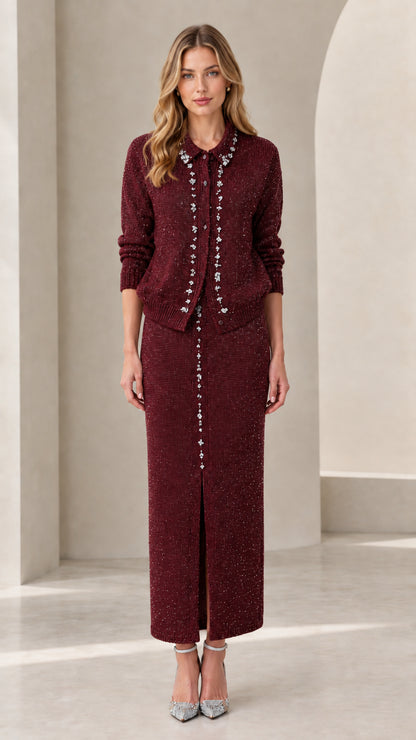 Burgundy rhinestone embellished knit cardigan and maxi skirt set