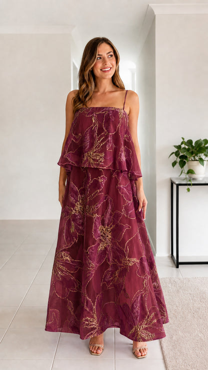 Front view of burgundy wine metallic floral tiered cami maxi dress