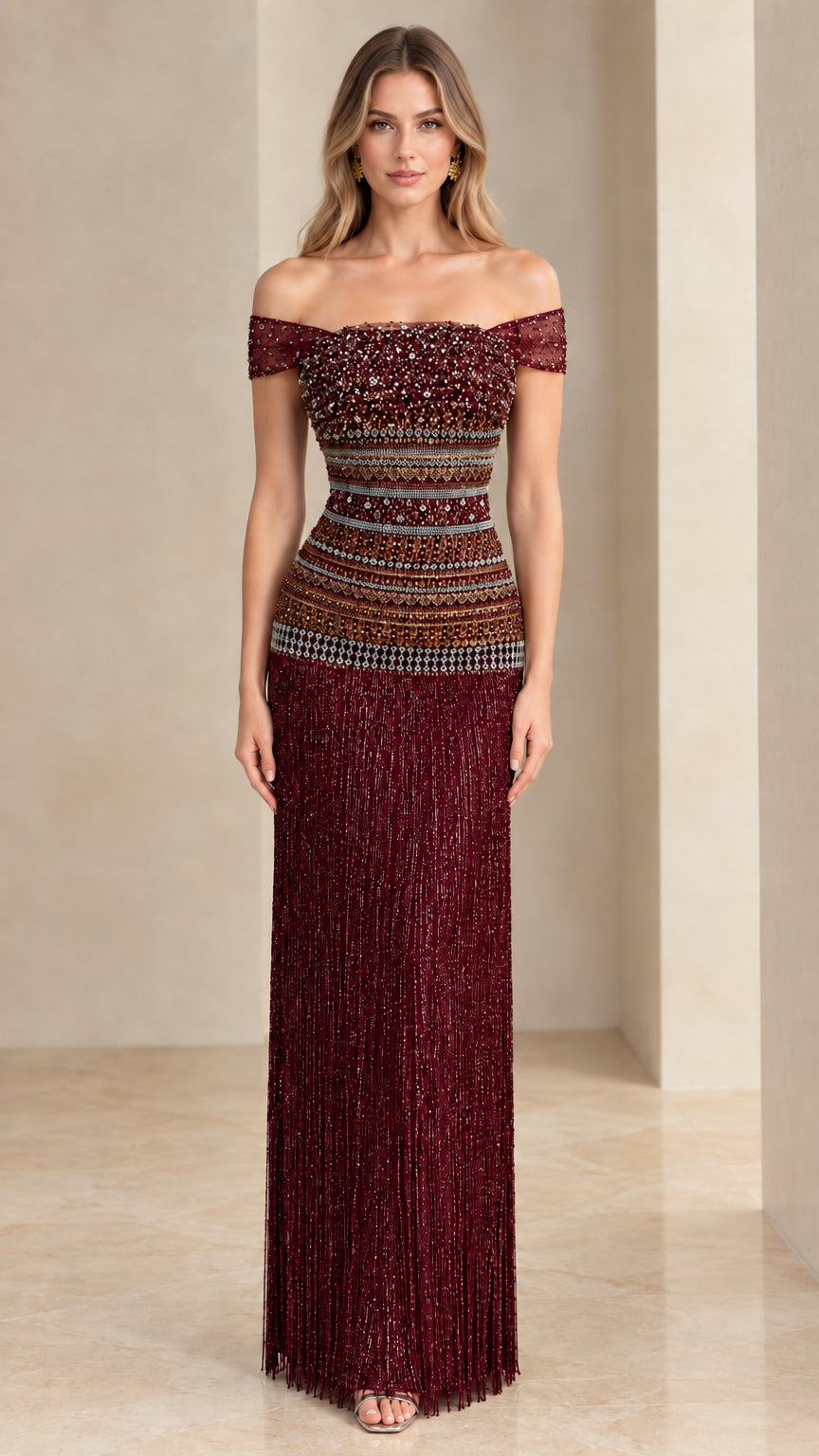 Front view of burgundy wine off-the-shoulder beaded fringe evening gown