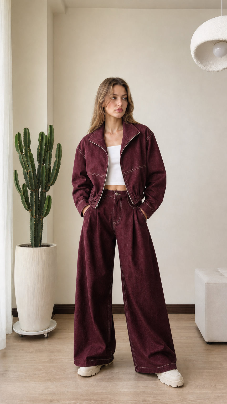 Full front view of model wearing burgundy wine denim two-piece pant set