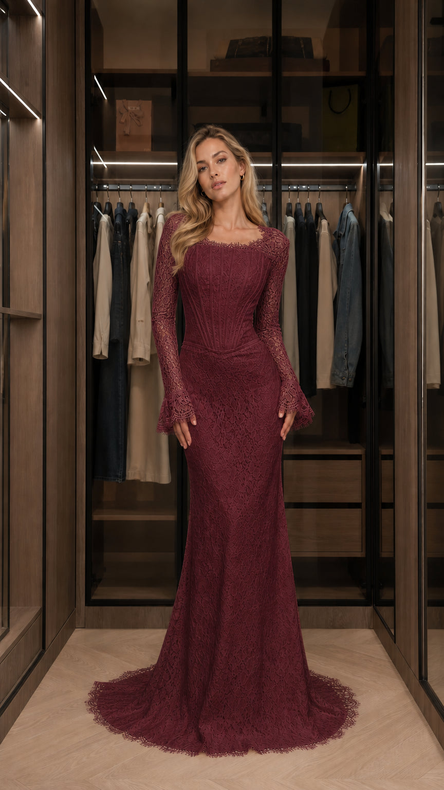 Burgundy red lace mermaid maxi dress with corset bodice