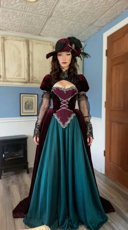 Front view of Victorian Gothic burgundy and teal velvet ball gown