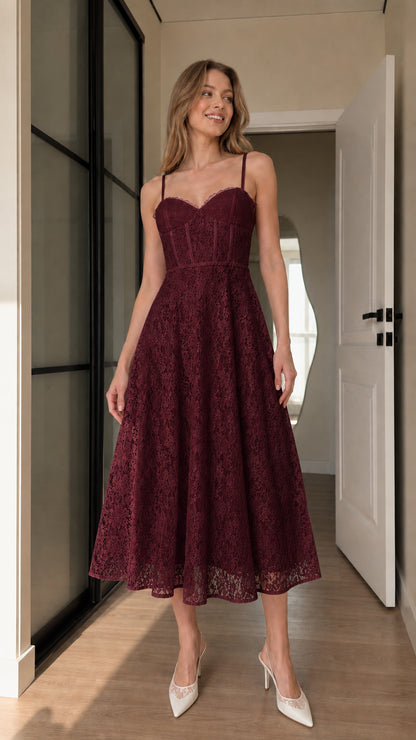 Model wearing burgundy wine floral lace corset midi dress