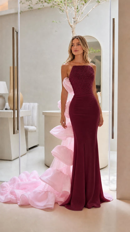 Burgundy color variant of the sequin evening gown