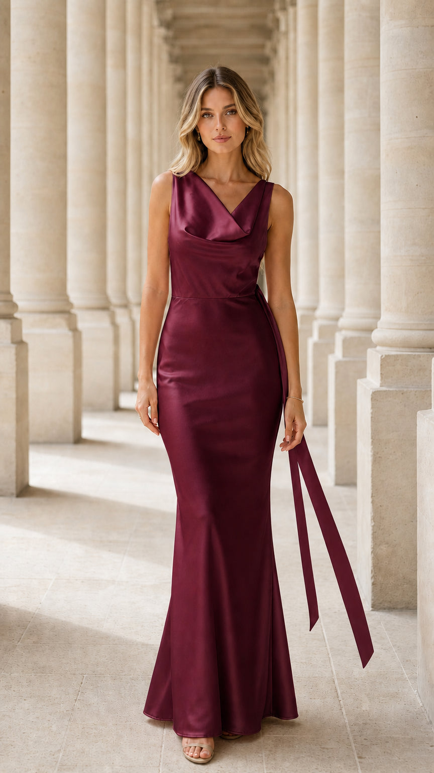 Model wearing burgundy satin cowl neck maxi dress
