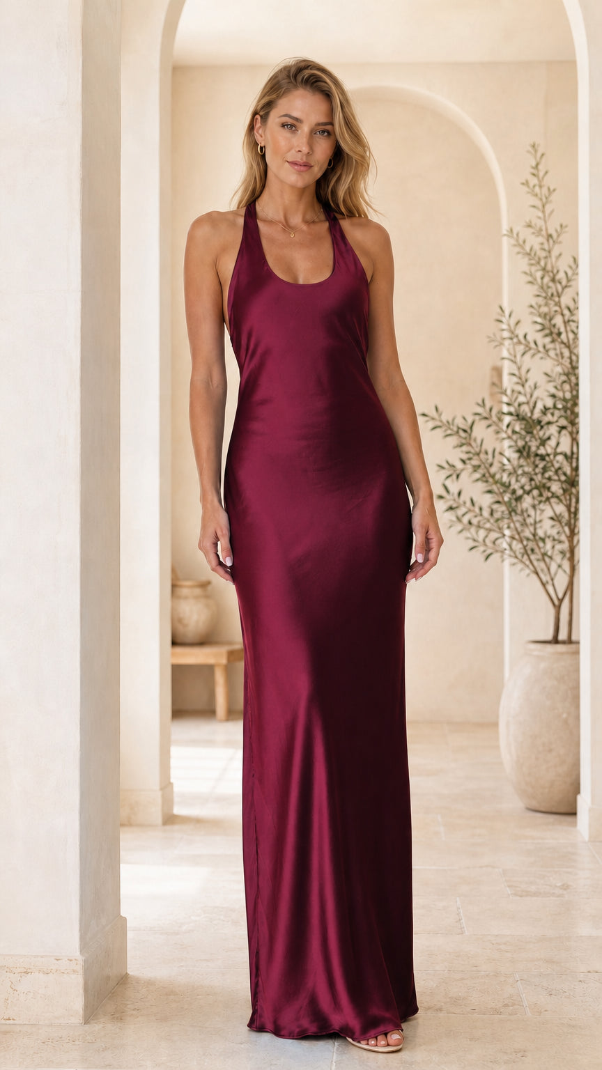 Front view of woman wearing burgundy satin scoop neck maxi dress